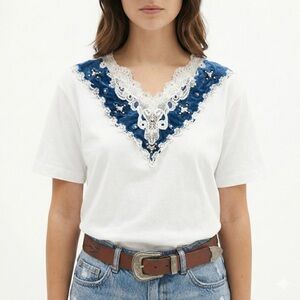 Cactus California Womens Lace Beaded Yoke Tee Made In USA Large